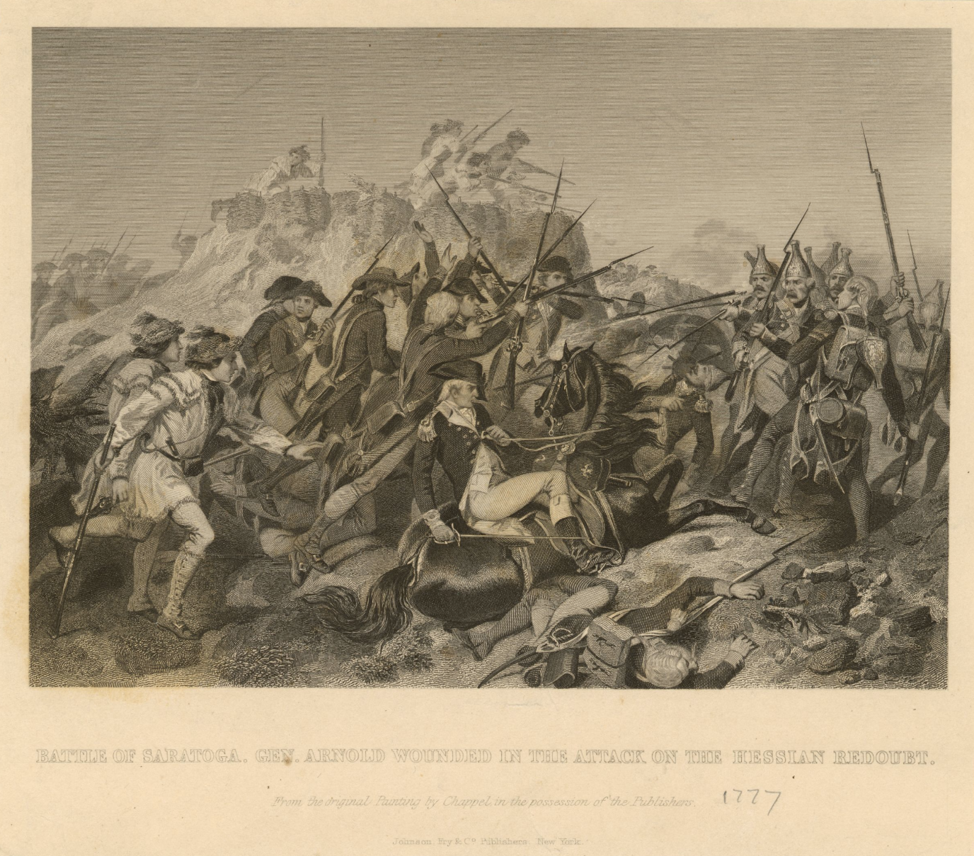 The Miriam and Ira D. Wallach Division of Art, Prints and Photographs: Picture Collection, The New York Public Library. “Battle of Saratoga : Gen. Arnold wounded in the attack on the Hessian Redoubt: Gen. Arnold wounded in the attack on the Hessian redoubt” New York Public Library Digital Collections.